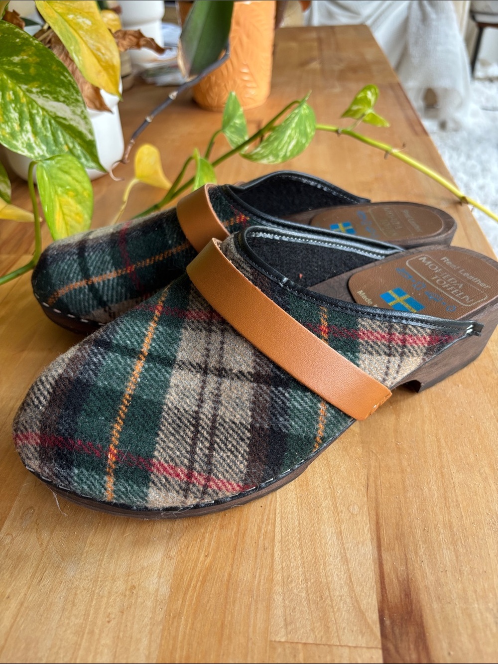 Moheda Toffeln Plaid Wool Clog Mule with Tan Strap
